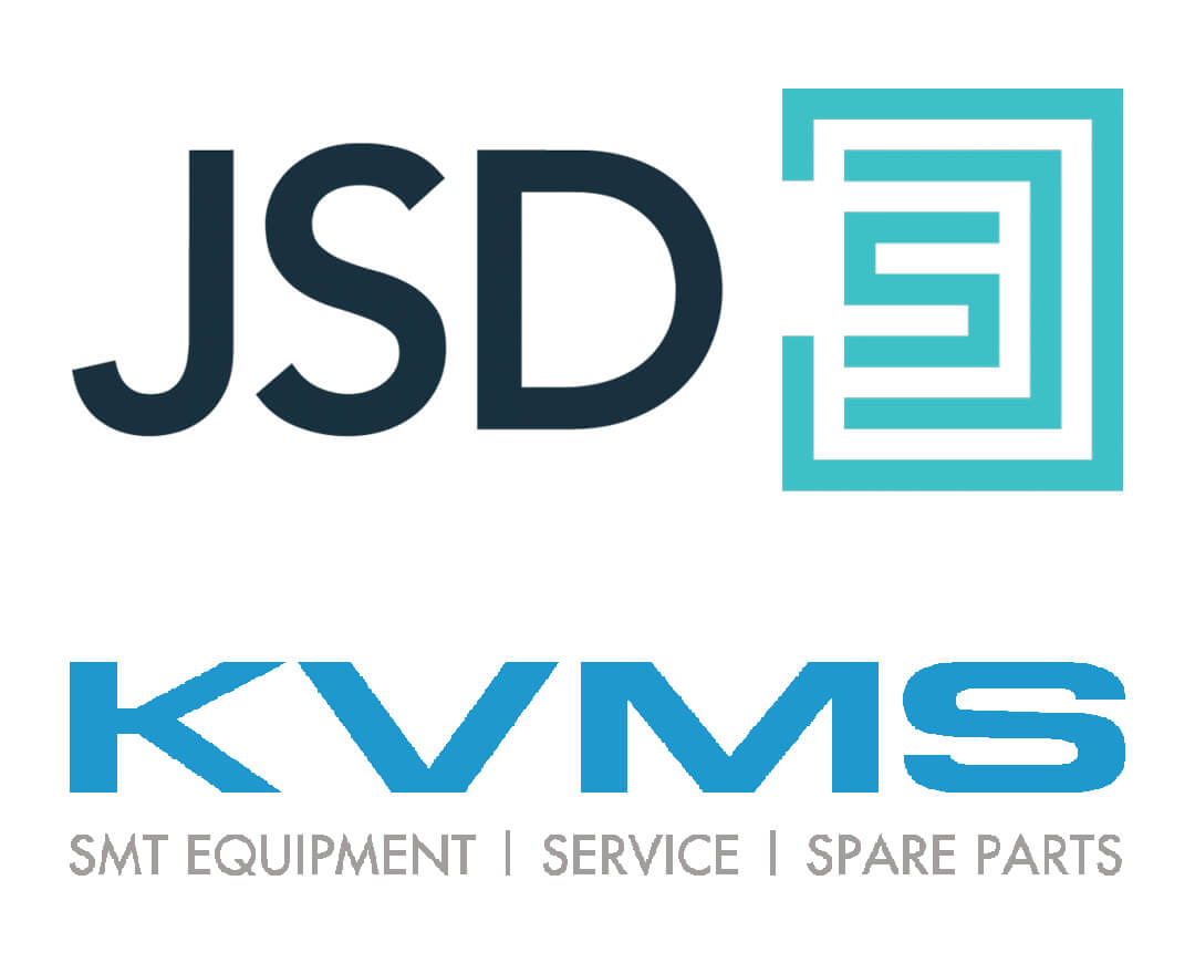 Le logo JSD se trouvant au-dessus du mot KVMS accompagné du texte « Matériel SMT | Service après-vente | Pièces de rechange » sous le logo KVMS.