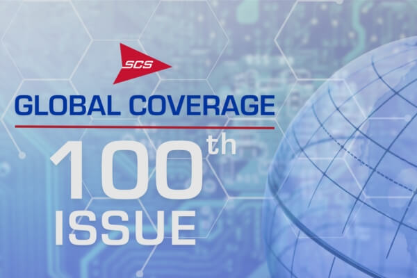 Blue technology-themed background with a globe, hexagonal patterns and "SCS Global Coverage 100th Issue" text in bold white letters.